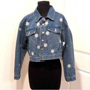 PixieGirl Women's Blue Floral Embroidered Cotton Blend Basic Jacket Size UK 14